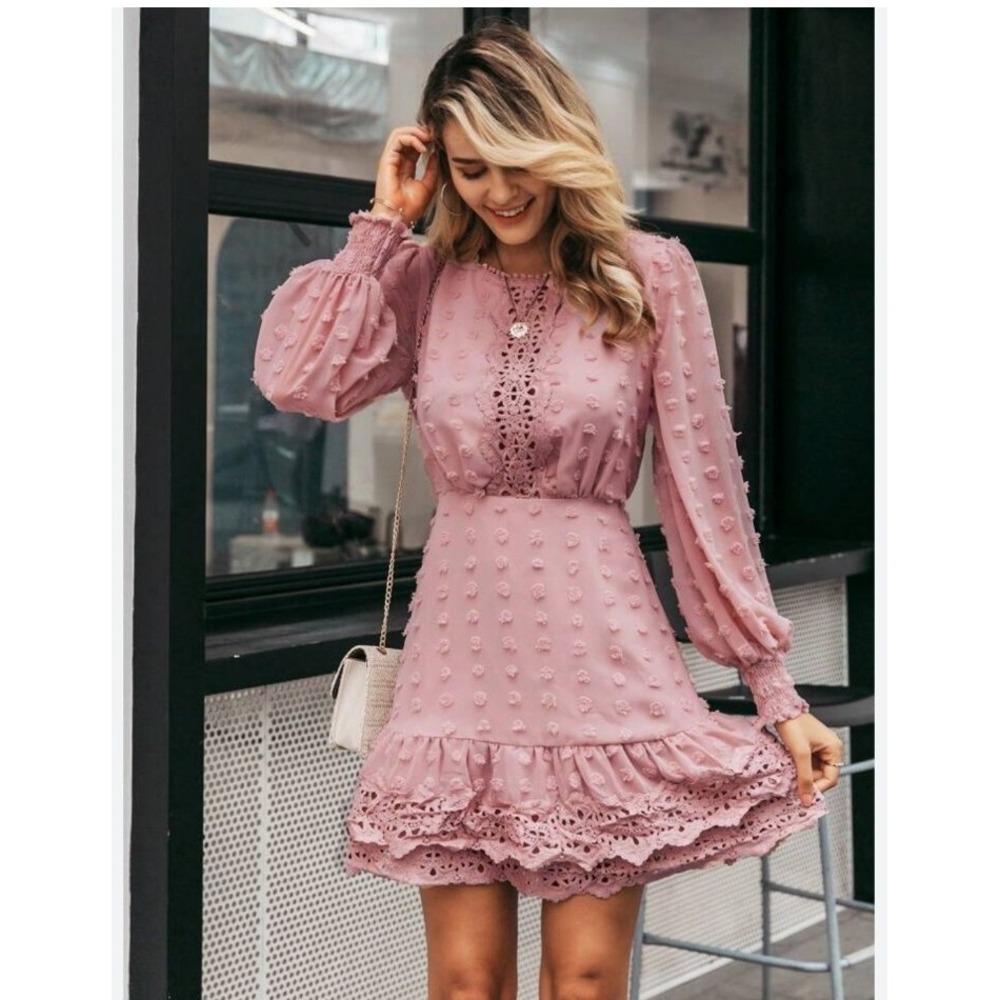 Simplee Women's High Elastic Waist Long Sleeve Short Dress Mauve Size Small